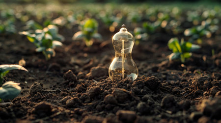 Iluminated light bulb on soil and plants are growing. Success in sustainable business and pollution reduction. Green Eco energy.の素材