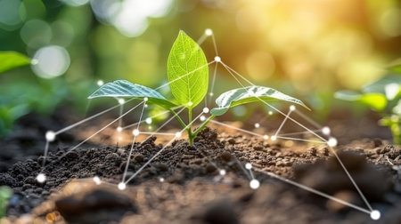 An illustration of a young bean plant on a sunny background of a digital mineral nutrient icon. Microelements for plant nutrition. Fertilization and the role of nutrients in plant growth. Plant lifeの素材