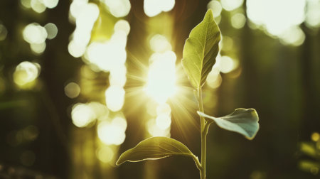 World Earth Day banner with green plant and saving the planet concept. Young green plant growing in sunlight.の素材