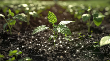 The microelements in plants are essential for their growth and development. Young beans plant on sunny background with digital icon representing mineral nutrients.の素材