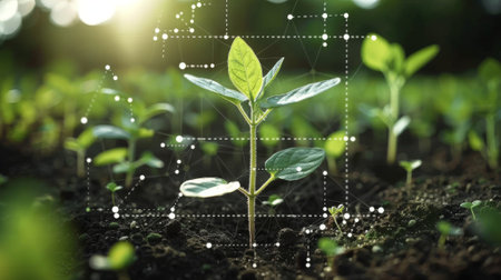 Mineral nutrients for plant nutrition. Factors necessary for plant growth and development. Young beans plant on sunny background with digital mineral nutrients icon.の素材