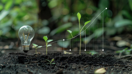 The bulb is located on the soil, and the plant is growing with a growth graph. Generation of renewable energy is a necessity in the future, as is the creation of alternative energy sources.の素材