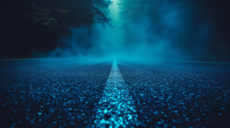 A blue street with asphalt. An empty scene with blue light. Defocused background.の素材