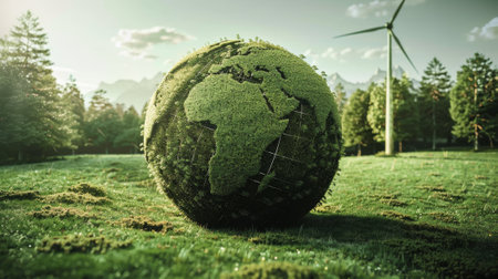 Renewable energy for a clean and sustainable environment. Wind energy is used for factories, machinery, and technology. Reduce greenhouse gases and limit climate change.の素材