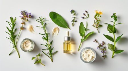 Composition with natural cosmetics. Creme, green leaf and purple flowers on white background, FLAT Layout.の素材