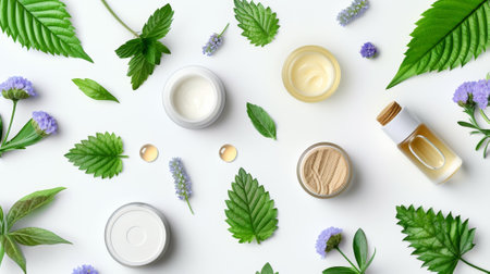 Body care products and green leaves with purple flowers over white background, top view, FLAT Layout.の素材
