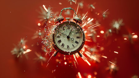 A clock and fireworks countdown to midnight is seen in this abstract defocused background for 2023 New Years.の素材