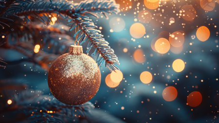Blue Abstract Night With Christmas Tree Hanging In A Ball On Gold Glitter Fir Branchの素材