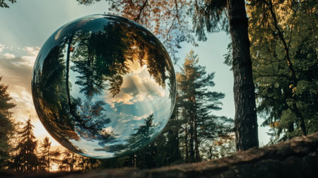 The environmental concept of a globe glass in a green forest with sunlightの素材