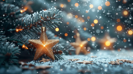 The string of lights hanging from the fir branches is framed by an abstract, defocused backgroundの素材