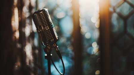 Bokeh light on retro microphone on stageの素材