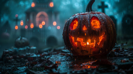 A Jack O Lantern in a cemetery on a spooky night with a full moon - Halloweenの素材