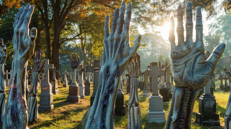 The skeleton zombie hands are rising from the graves of a cemetery in this Halloween backgroundの素材