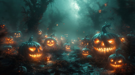 A spooky forest at night lighted by Jack O Lanterns - Halloweenの素材