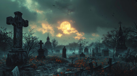The graveyard is haunted at night by a moon and bats in a cloudy sky. The illustration contains all three dimensions.の素材