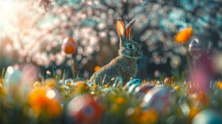 An abstracted Easter scene - rabbit ears behind grass, decorated eggs on a flowery fieldの素材