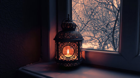 Ramadan Kareem - Arabic Lantern with Burning Candle Glows at Nightの素材