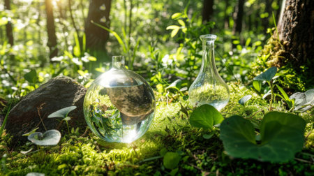 An environmental concept - a globe of glass in a green forest with sunlightの素材