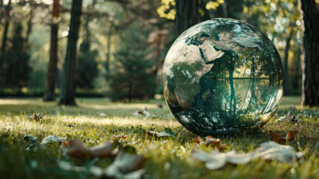The concept of an environment with globe glass in a green forest with sunlightの素材