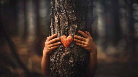 Children hugging tree trunks with red heartsの素材