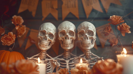 In Spooky Nights, Skeletons With Wooden Banner Have A Halloween Partyの素材