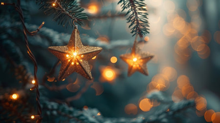 In an abstract defocused background, a string of stars hangs from fir branchesの素材