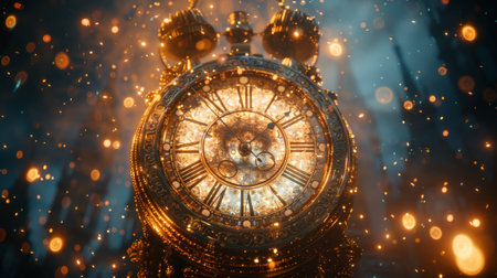 A clock and firework await midnight. An abstract defocused background.の素材