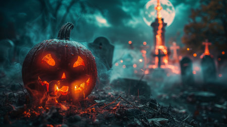 In a cemetery with a full moon, a Jack-O-Lantern stands out during a haunting night on Halloweenの素材