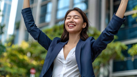 A young, confident, proud Asian business woman wearing suit stands on the street, raises her hands, feels power, motivation, and energy as she celebrates her career and financial success outside inの素材