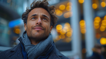 Businessman standing in modern city dreaming of business success, thinking of new goals, business vision and leadership concept for future business success.の素材