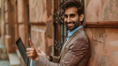 An indian businessman, a manager from the Arab world, an executive from the East in a suit pointing an advertisement while standing on a beige background.の素材