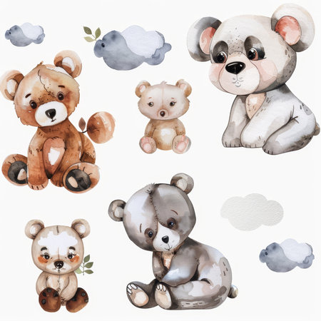 A cute watercolor set of a baby boy bear.の素材