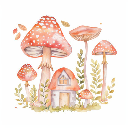 The Mushroon House and the Fairy Garden in watercolorの素材