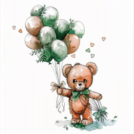 Cute stuffed bear with bouquet and balloons, illustrated in watercolorの素材