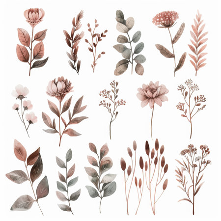 Floral and leaf watercolor illustrationsの素材