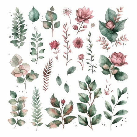 Flower and leaf watercolor illustration setの素材