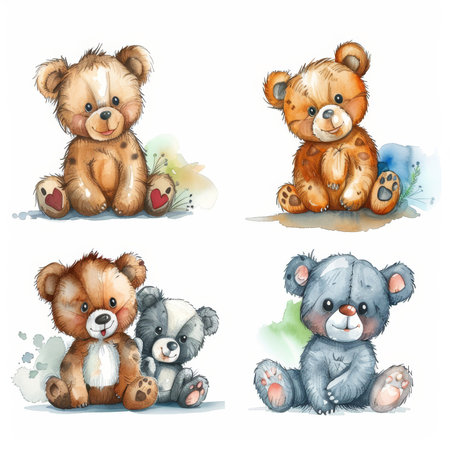 Illustrations of cute Teddy bears in watercolor.の素材