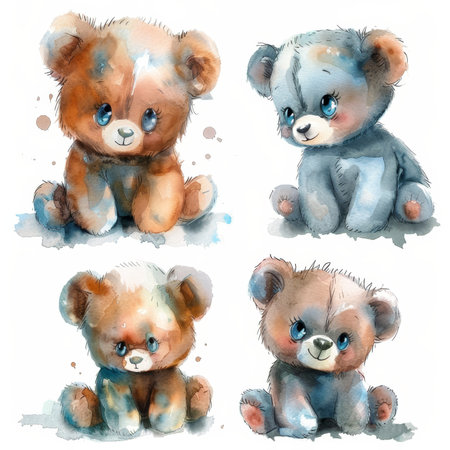Set of cute watercolor illustrations of Teddy bearsの素材