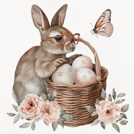 The Easter Rabbit and the Easter Eggs with Flowers and the Butterflyの素材