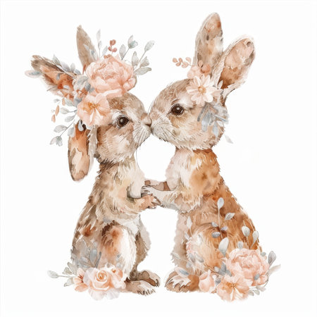Illustration of a cute couple rabbits at a flower-filled garden in watercolorの素材