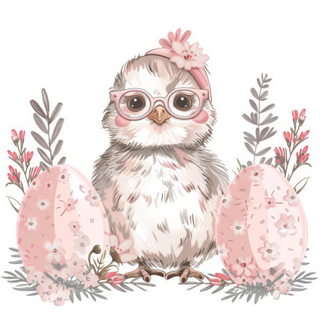 An adorable chick and eggs with floral elementsの素材