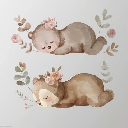 In the garden, two cute baby bears sleepの素材