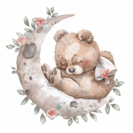 On the moon, a cute baby bear sleepsの素材