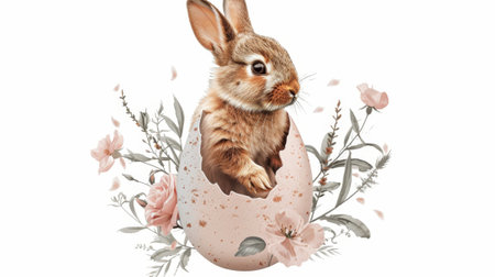 A bunny in an egg with a bouquet of flowers for Easterの素材