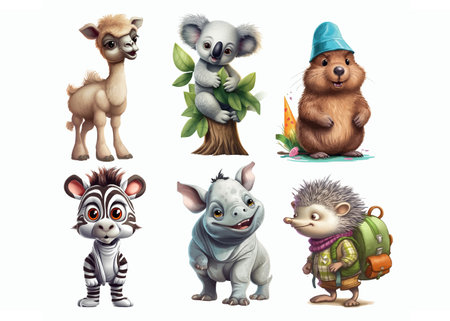 Adorable Illustrated Baby Animals in Various Poses and Expressionsのイラスト素材