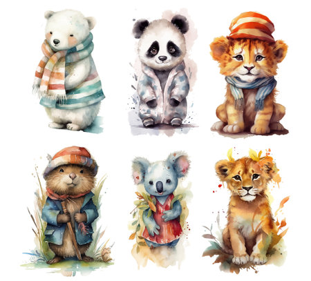 Adorable Illustrated Baby Animals Wearing Winter Clothes, Perfect for Childrenâs Book Illustrations or Nursery Decorのイラスト素材