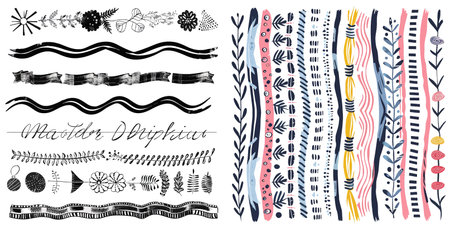 Hand drawn brush strokes, lines, dividers collection. Seasonal ornamentsのイラスト素材