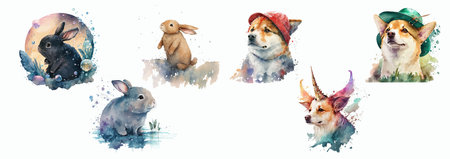 Watercolor Illustrations of Cute Rabbits and Blank Banners: Perfect for Easter Greetings or Springのイラスト素材