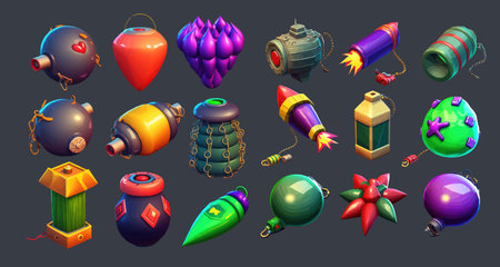 Vibrant Collection of Cartoon Bombs and Explosives, Colorful Vector Illustration for Games, Animations, and Creativeのイラスト素材