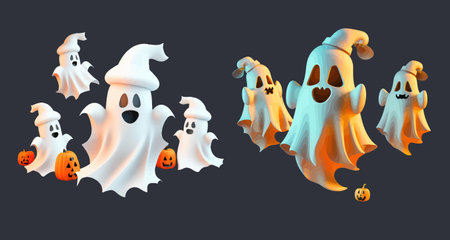 Playful Ghosts with Pumpkins: A Collection of Friendly Halloween Spirits in Various Poses, Perfect for Festive Decorations and Themedのイラスト素材